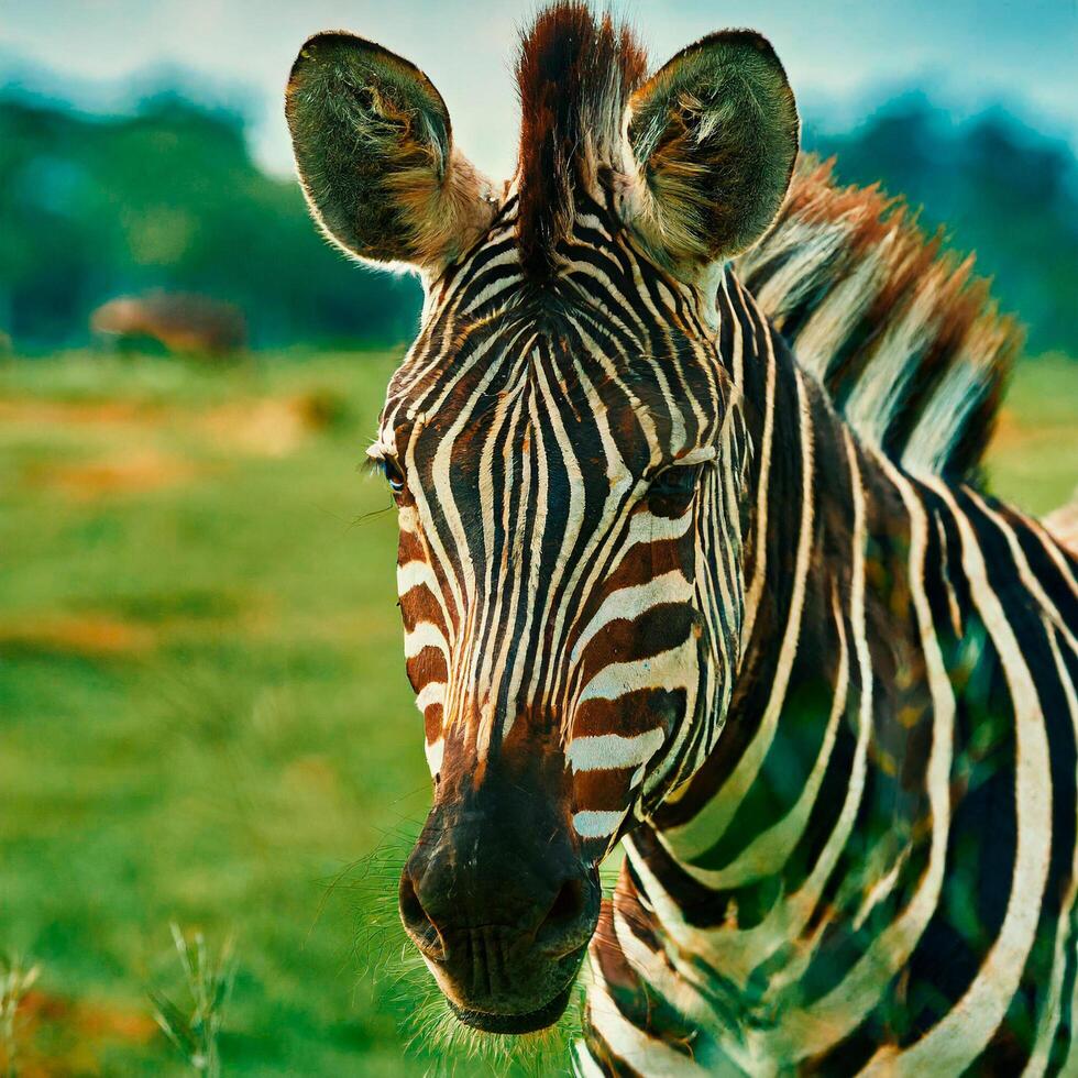 AI generated Beautiful zebra in a grass-covered field, close-up photo