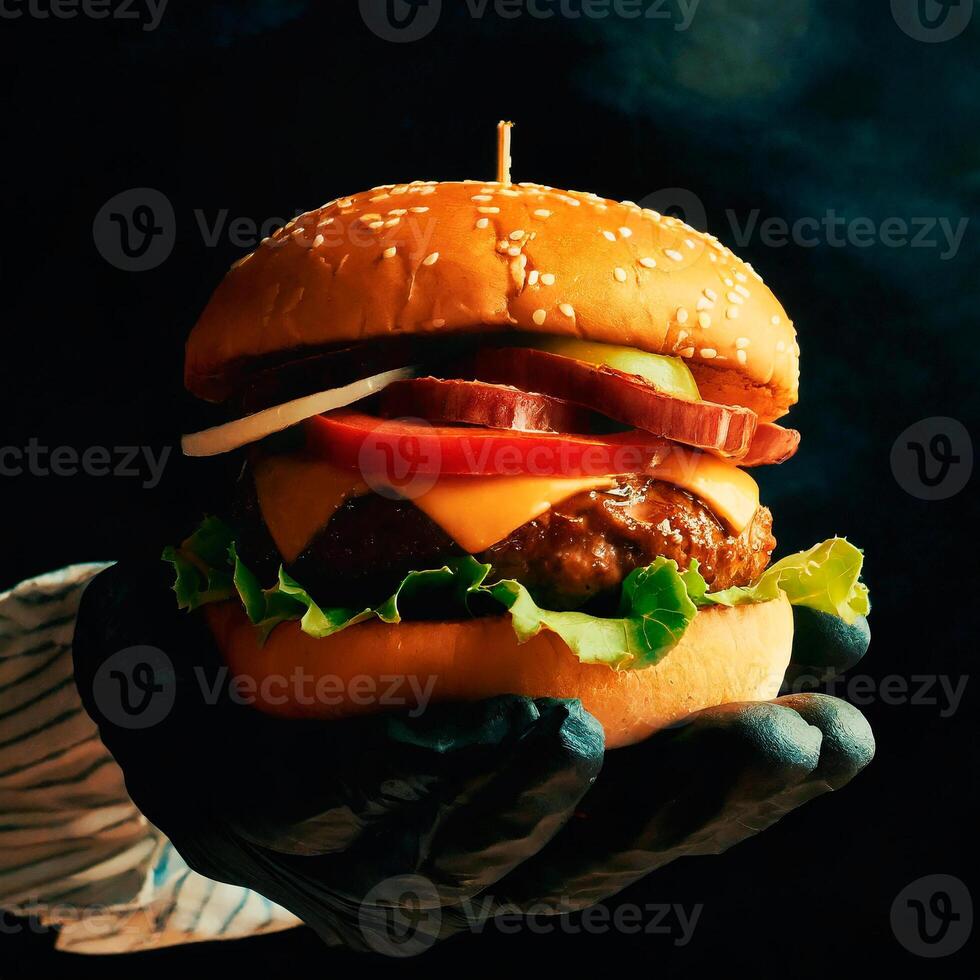 AI generated Hand in gloves holding a hamburger, dark background photo