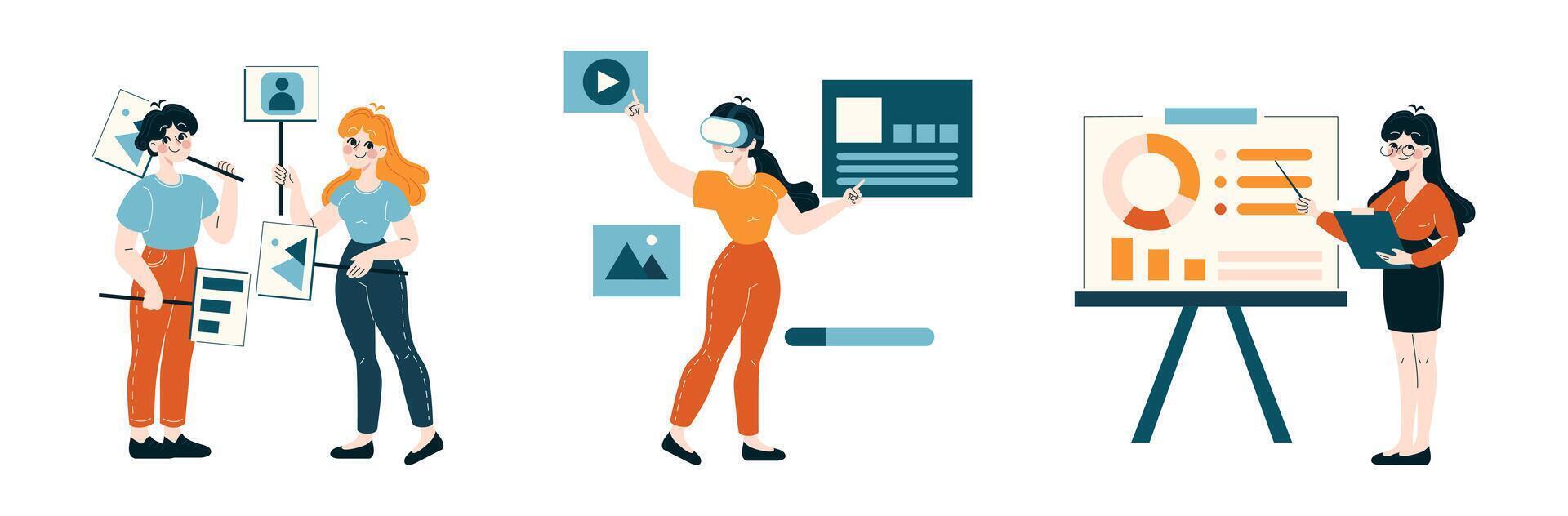 Energetic employees engaging with multimedia, sharing stats, leading virtual meetings vector