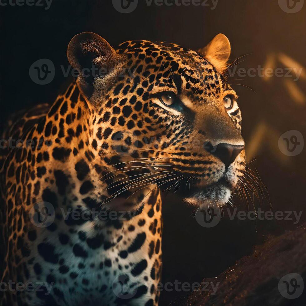 AI generated Majestic spotted jaguar, contemplating nature photo