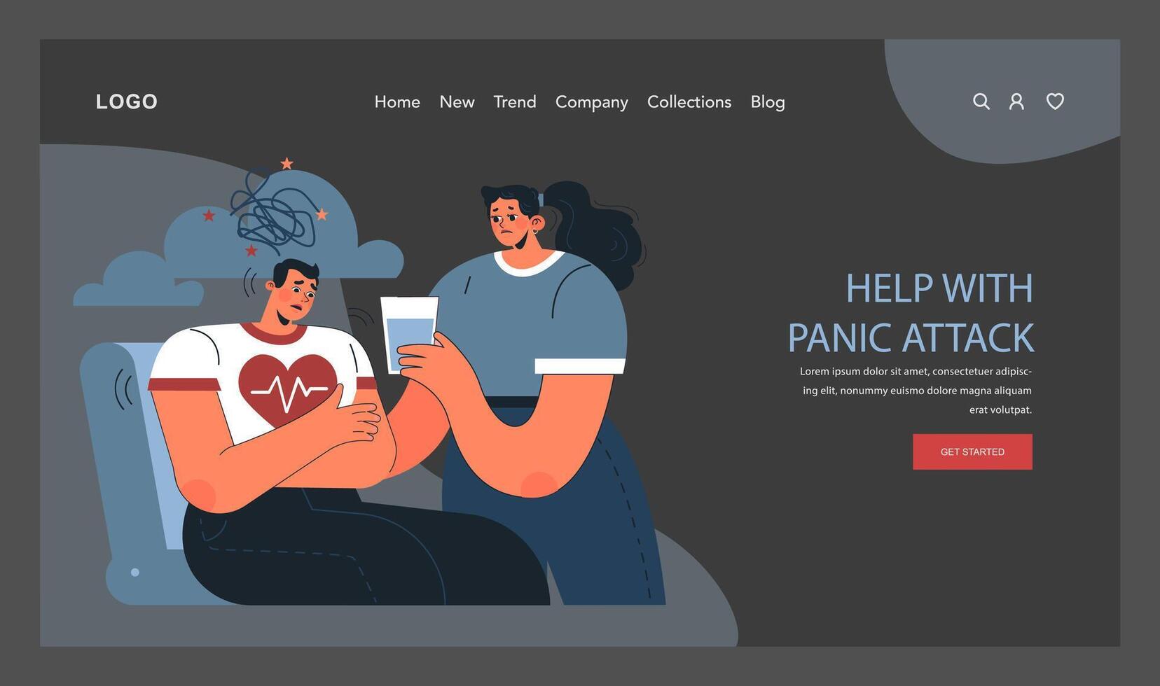 Panic attack web banner or landing page dark or night mode. Mental health vector