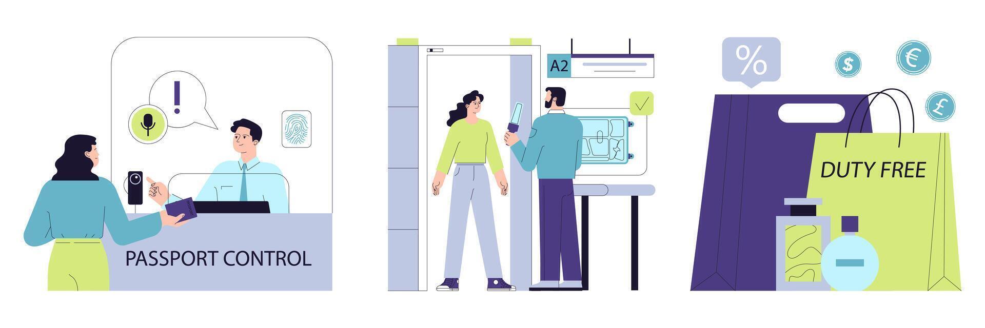 People in the airport set. Characters with a suitcase checking-in on a flight vector
