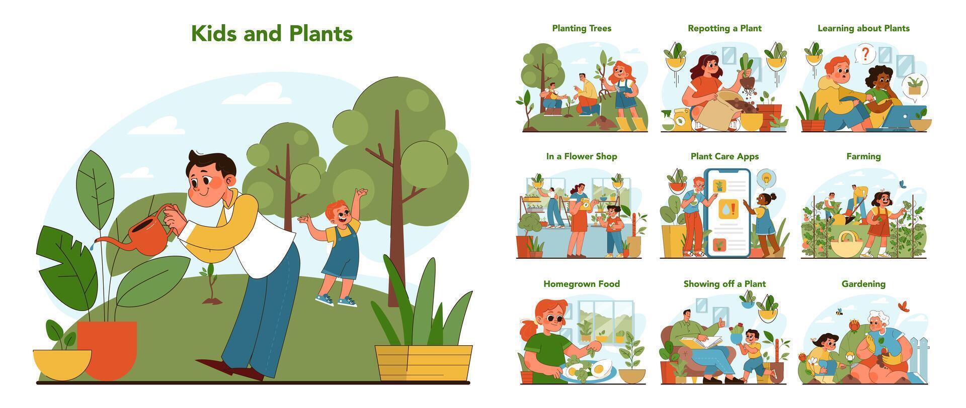 niños y plantas colocar. plano vector ilustración