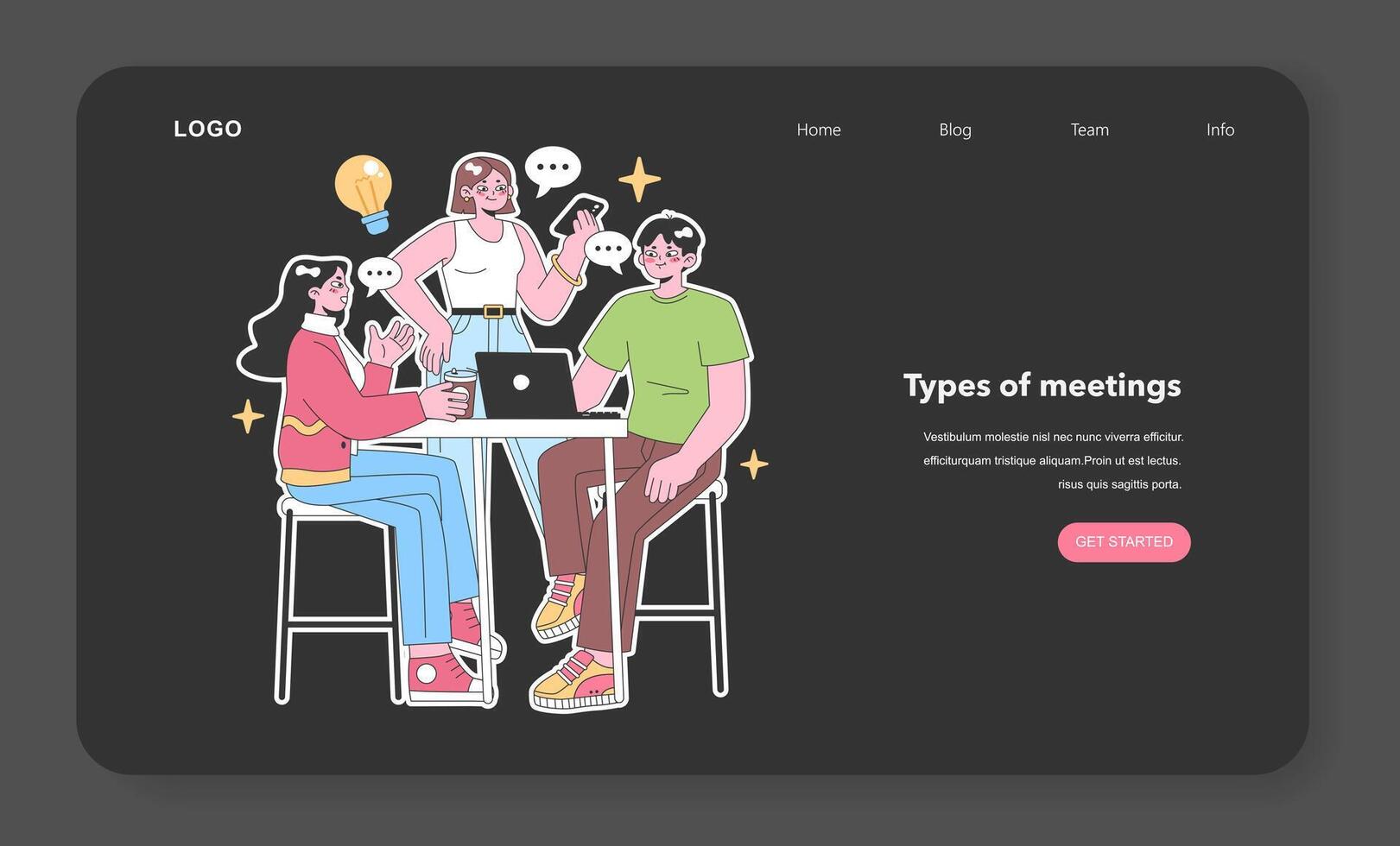 Creative team collaborates at a cafe. Flat vector illustration