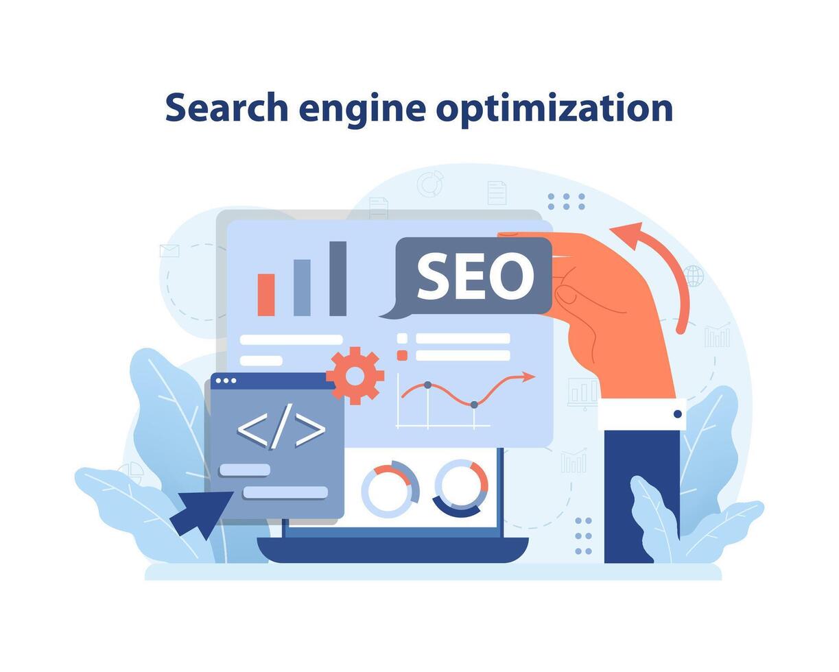 SEO Strategy Visualization. A hand fine-tunes SEO elements on a screen. vector