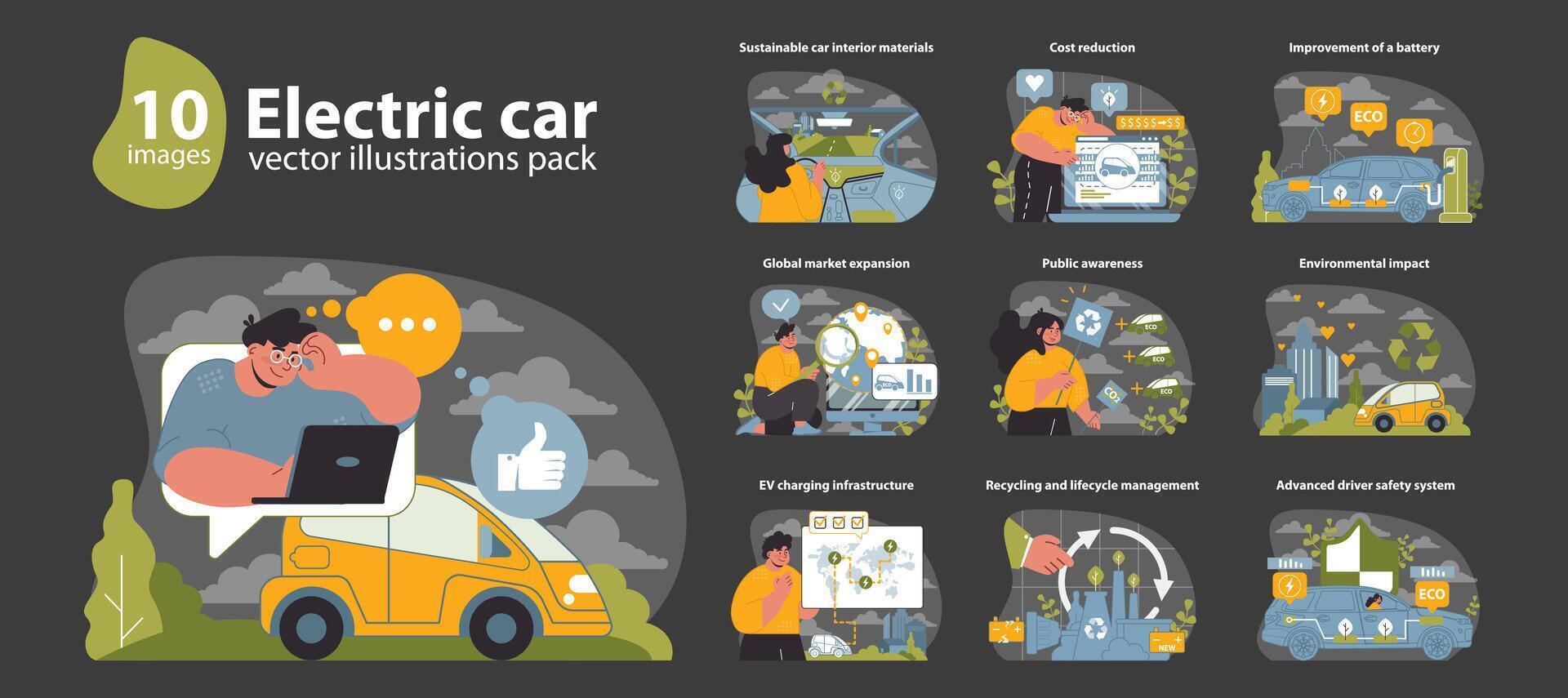 Electric Car Vector Illustrations Pack. A comprehensive set of visuals exploring electric vehicle technology.