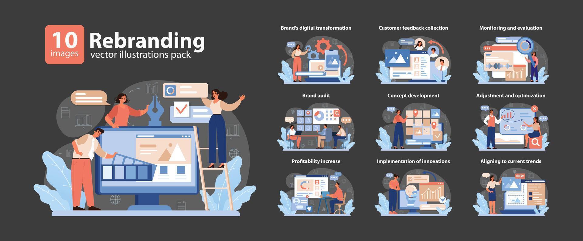 cambio de marca vector ilustraciones embalar. un exhaustivo visual caja de herramientas para marca transformación.