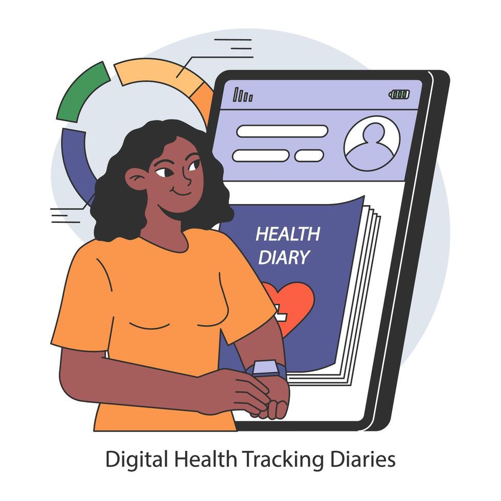 Digital Health Tracking Diaries concept. Flat vector illustration.