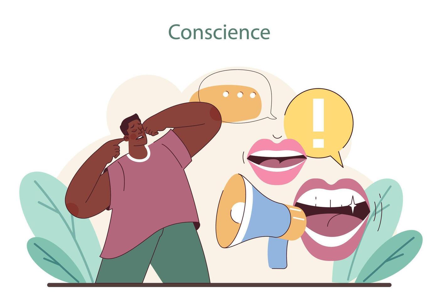 Conscience concept. Individual facing a call to conscience, represented by speech bubbles. vector