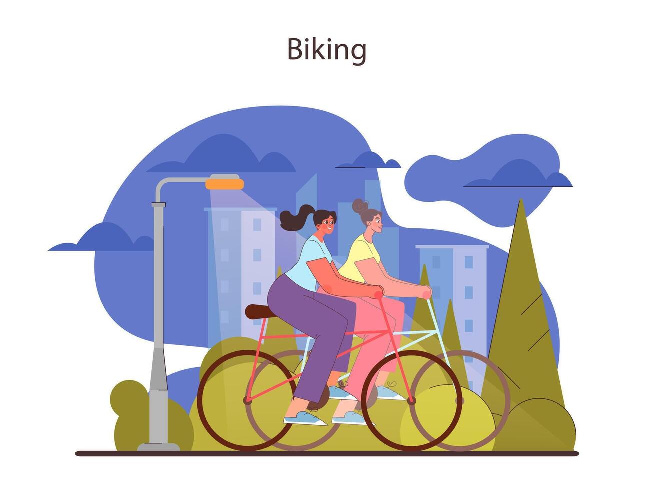 Biking concept. Friends enjoying a bike ride through the city park. vector