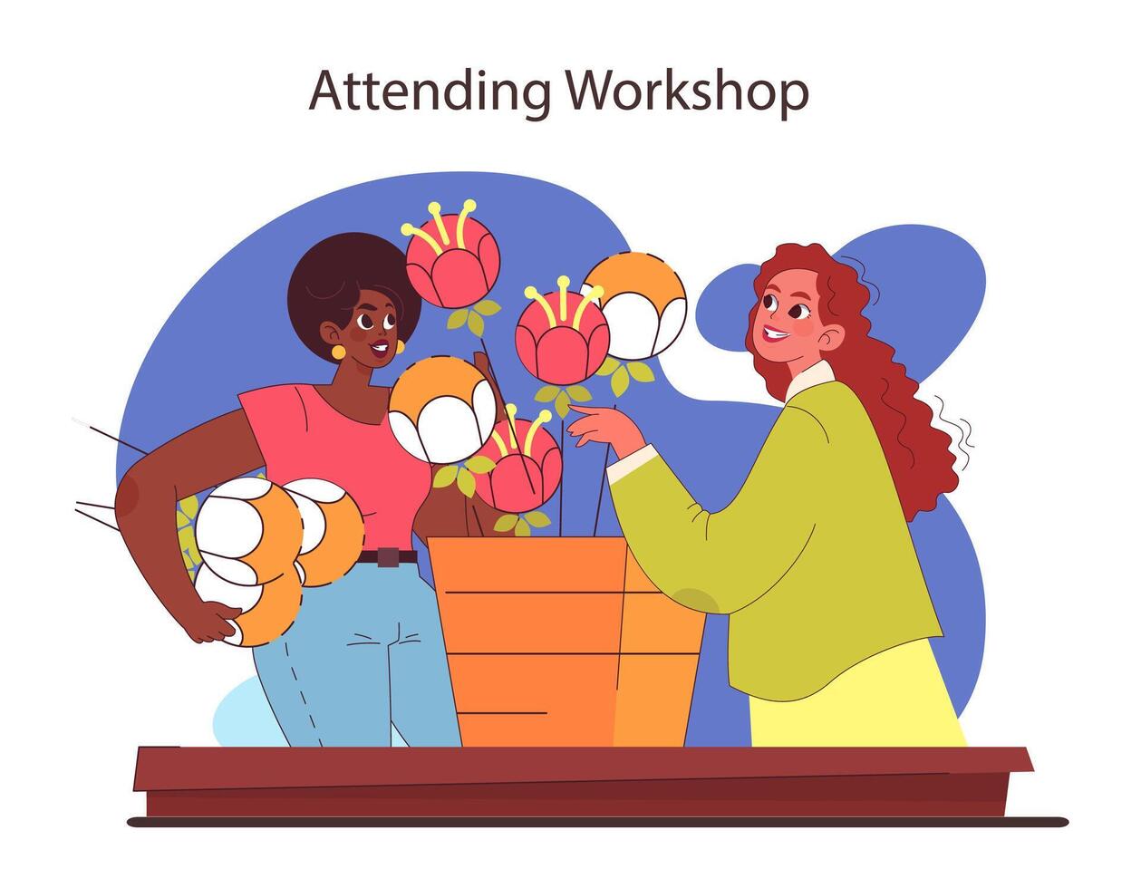 Workshop participation concept. Friends engaging in creative flower arrangement. vector