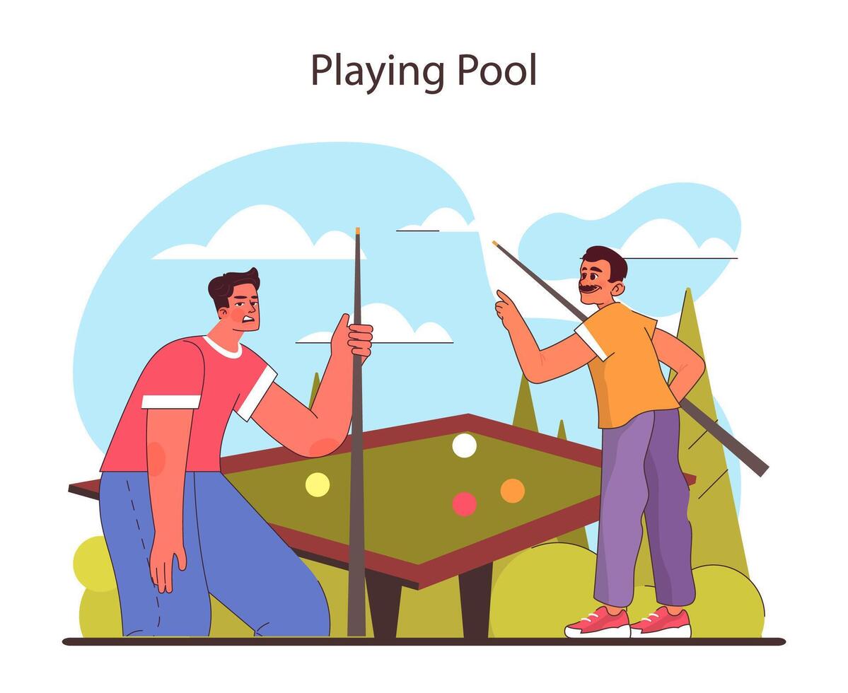jugando piscina concepto. amigos en un simpático partido de billar, enfoque en el juego. vector