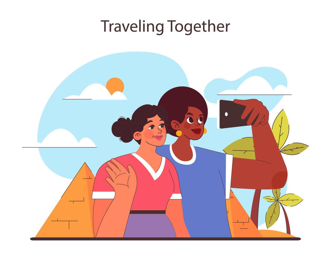 Traveling Together concept. Friends capturing memories with a selfie in front of iconic pyramids. vector