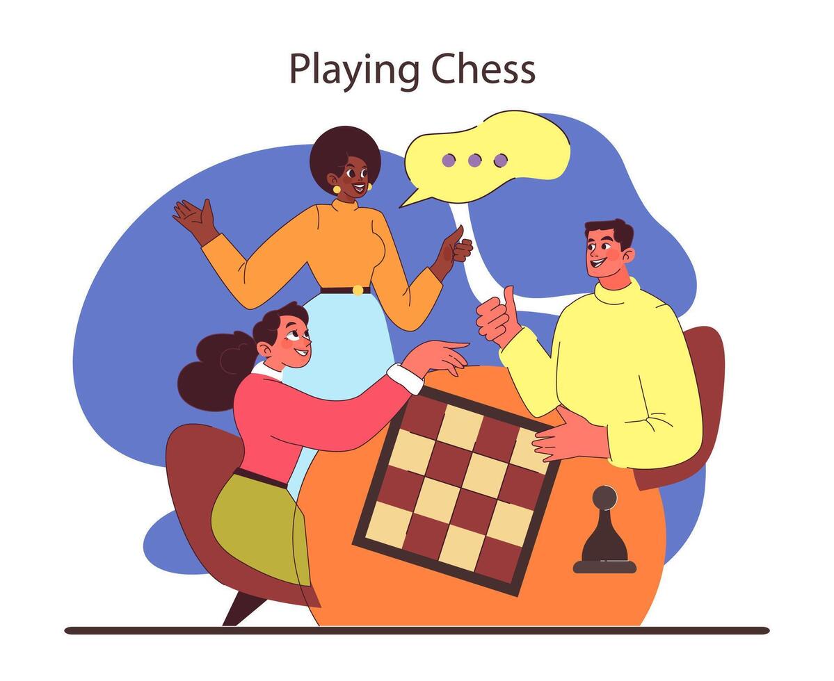 Chess game concept. Engaged trio enjoys strategic gameplay, celebrating intellectual challenge vector