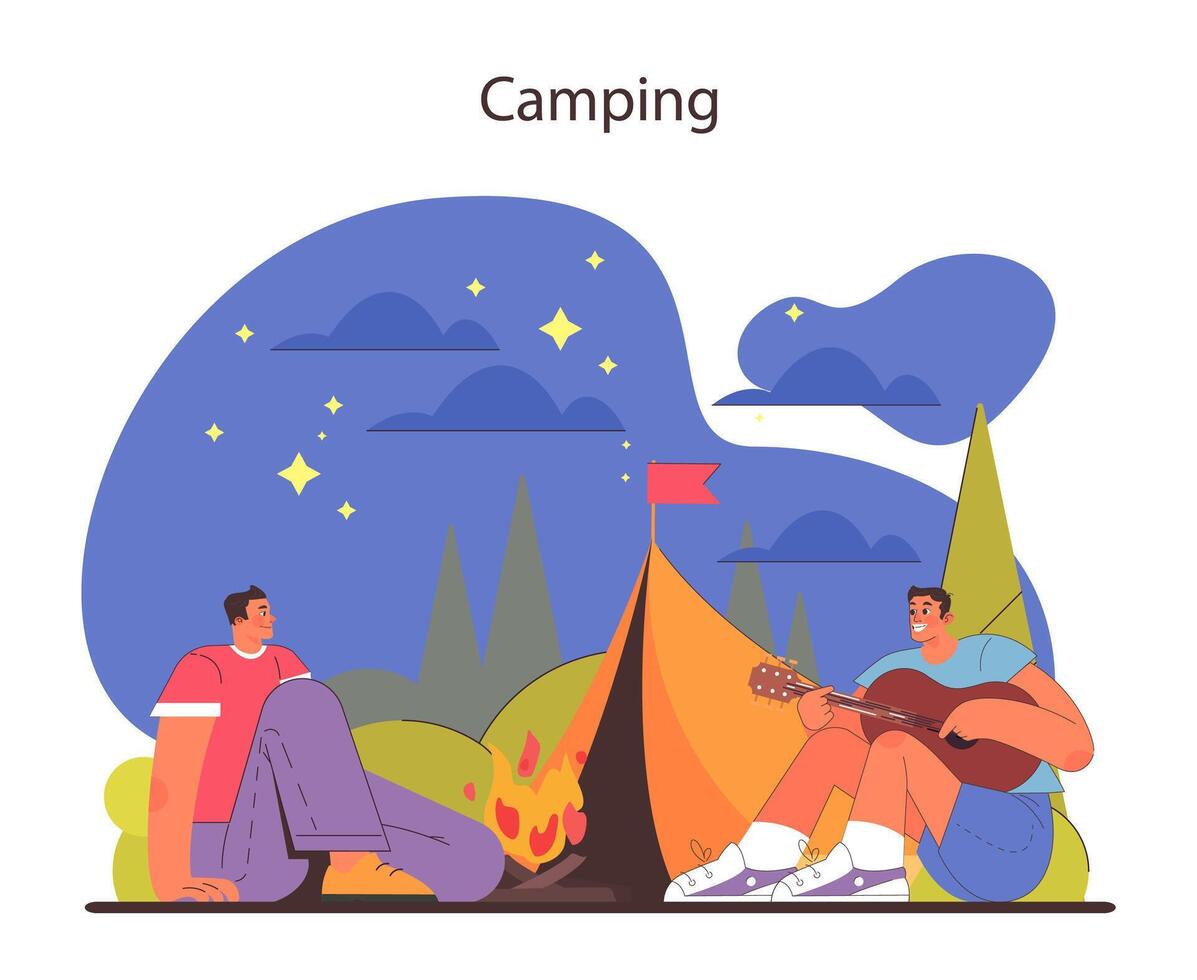 Camping concept. Peaceful night under the stars with friends, a cozy campfire, and music. vector