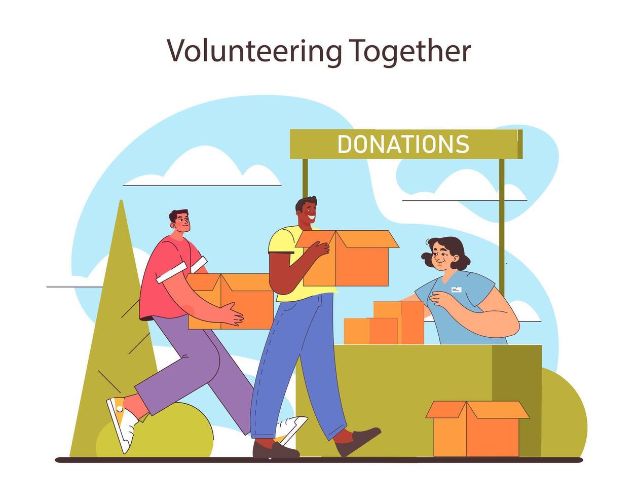 Volunteering Together concept. Companions contributing to the community by donating goods. vector