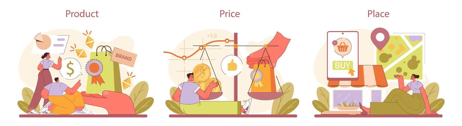 Marketing Mix essentials. Product innovation, pricing strategies, and placing for optimum visibility. vector