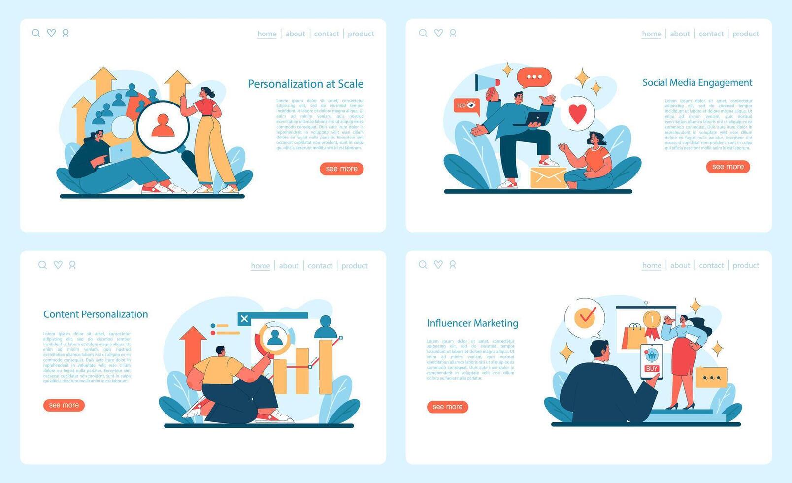 Marketing 5.0 set. Showcases the dynamic of social media engagement vector