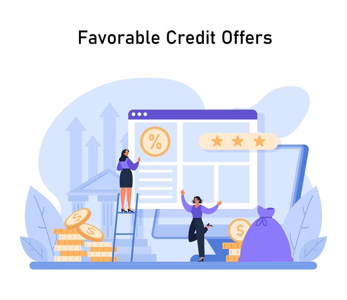 An optimistic depiction of obtaining advantageous credit terms, symbolized by a user reviewing offers and financial growth vector