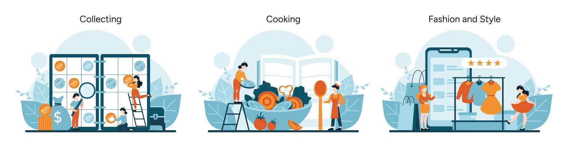 Coin collectors scrutinize valuables, chefs joyfully engage in cooking, fashion enthusiasts review styles vector