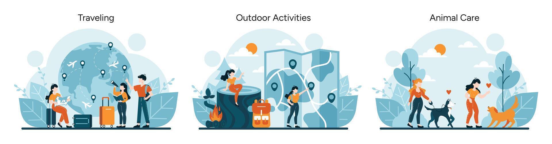 Family exploring new destinations, enjoying camping, and loving pets vector