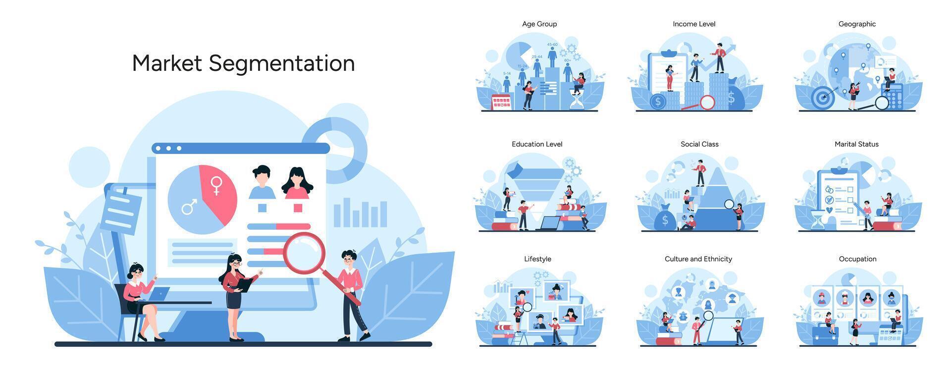 Detailed visual guide to categorizing audiences by demographics and behavior vector