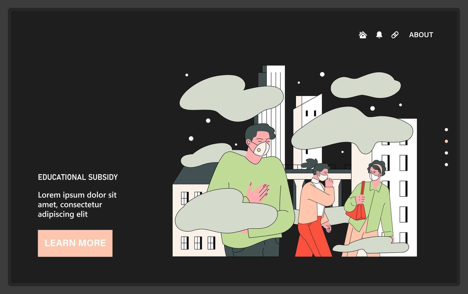 Air quality awareness dark or night mode web, landing. Urban smog. vector