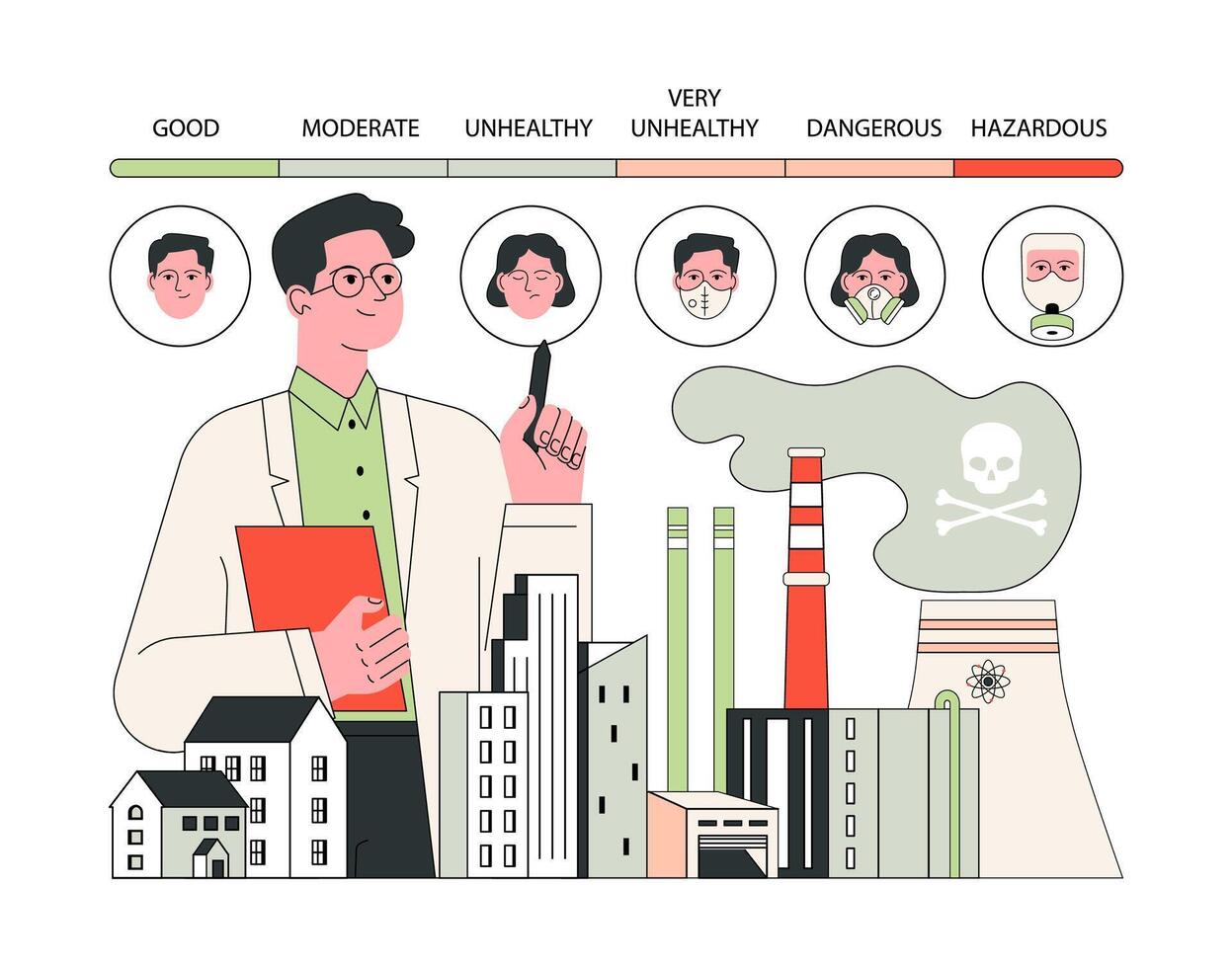 Air pollution index measurement. Scientist explains the health impact vector