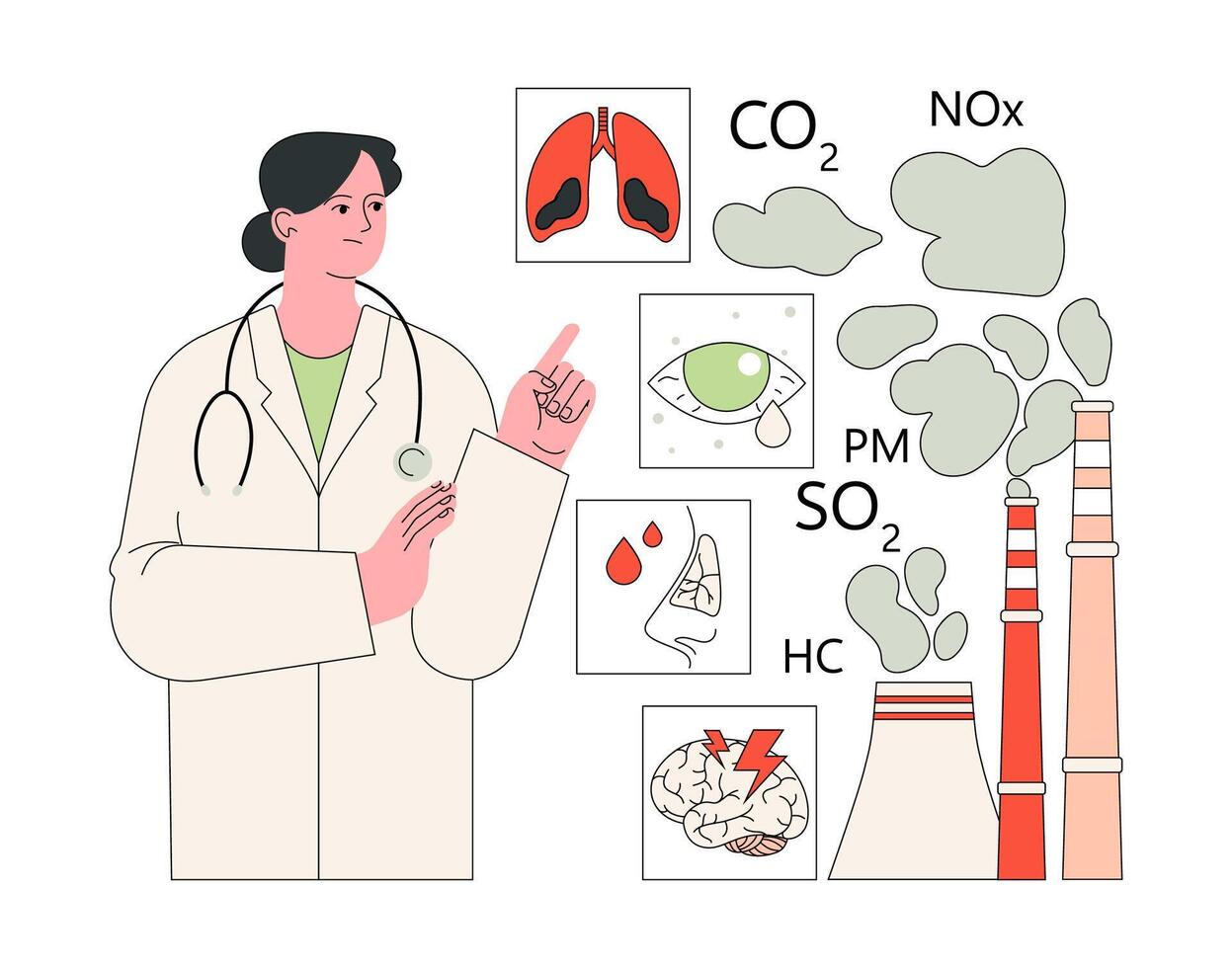 Health risks of air pollution. Doctor or scientist showcasing dangerous vector