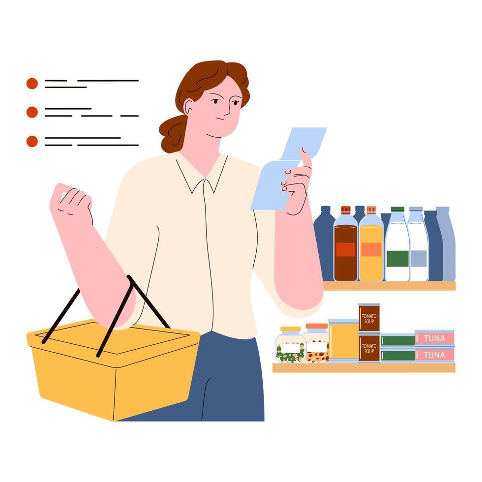 Conscious grocery shopping. Woman with a grocery list and basket chooses vector