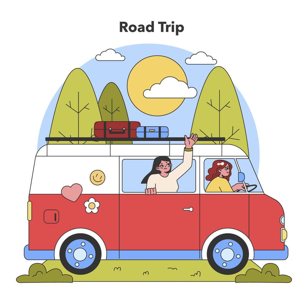 Sunny Road Trip Adventure. Flat vector illustration.