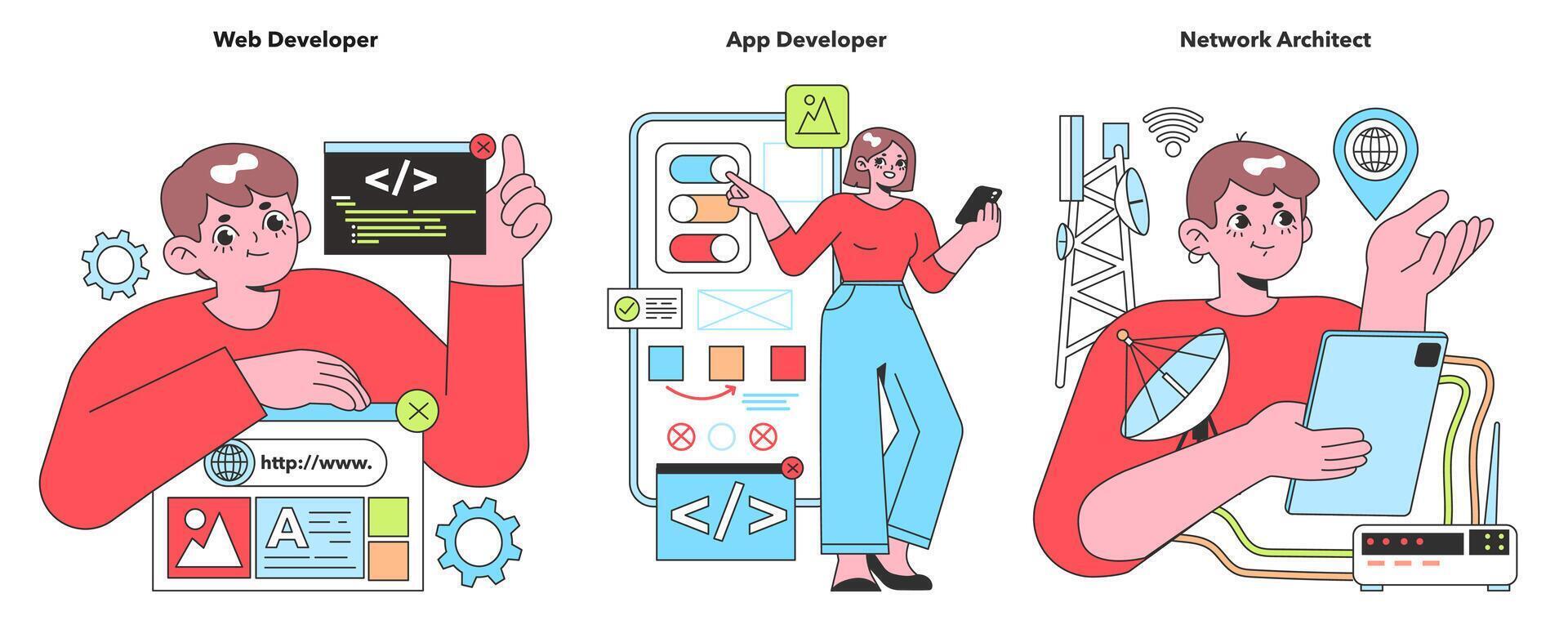 Illustration of tech experts, featuring a focused Web Developer, a creative App Developer, and a strategic Network Architect, embodying the digital world's evolution vector