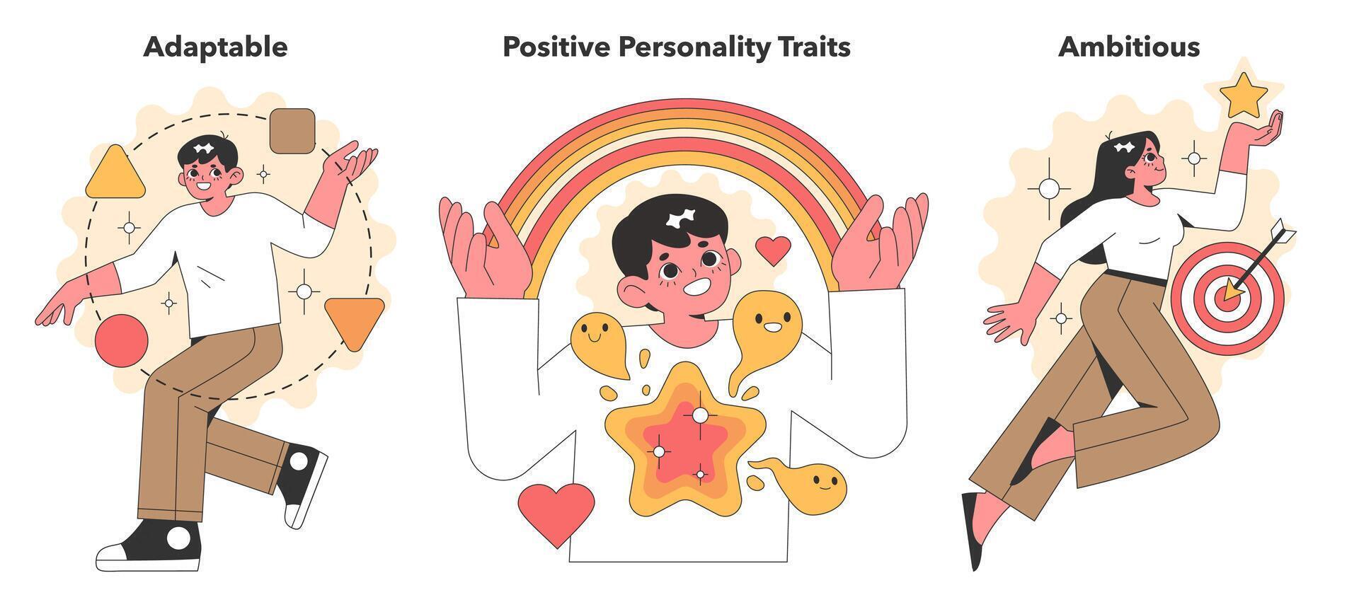 Cheerful vector illustration set celebrating positive traits with characters displaying adaptability, ambition, and joy, perfect for motivational content