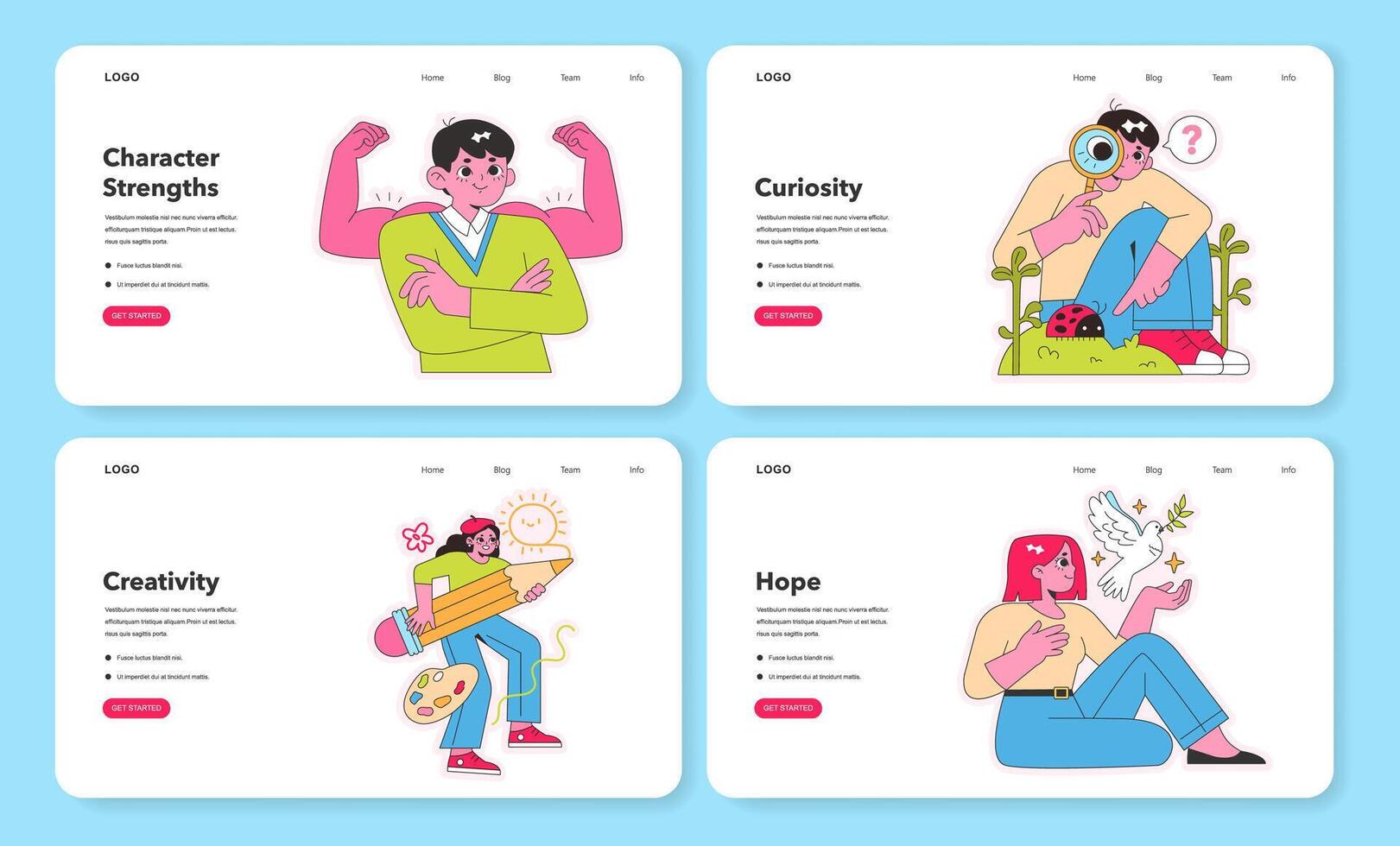 Character Strengths webpage designs. Vector illustrations for web.