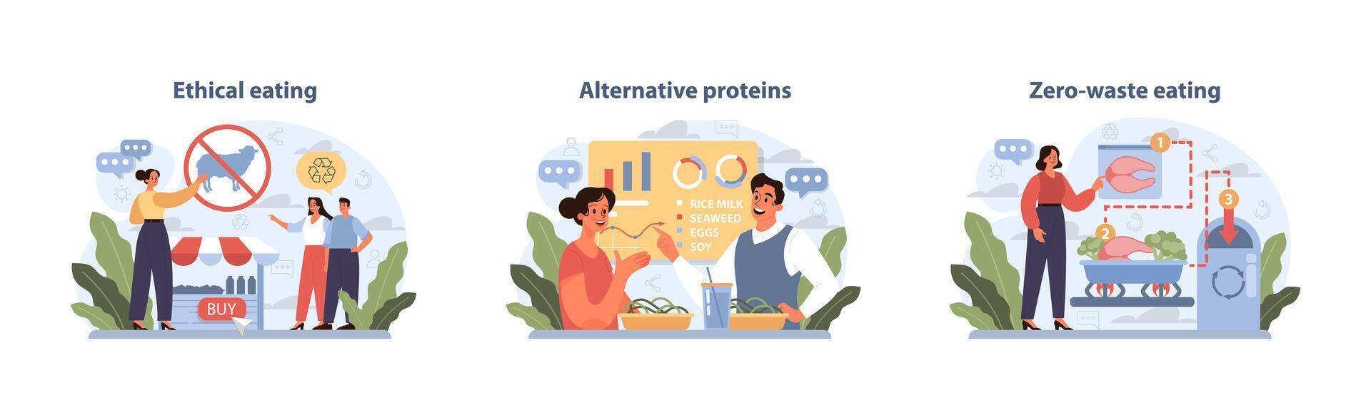 Dietary Trends Vector Collection. Advocating ethical eating, exploring alternative proteins.