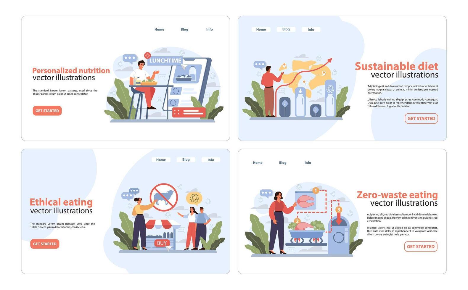 Dietary Trends Web Banners set. Engaging and informative vector illustrations showcasing personalized nutrition, sustainable diet practices, ethical eating, and zero-waste food habits.