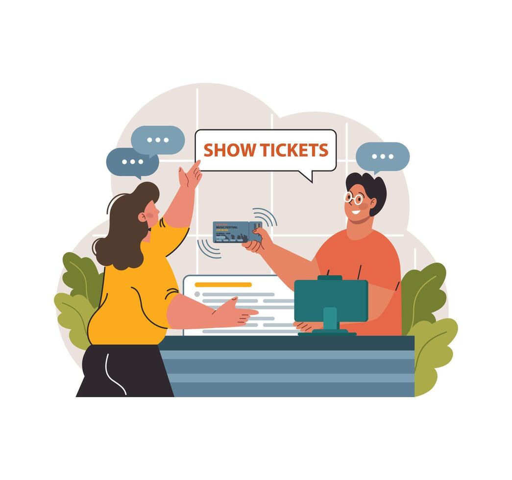 Eager concert goer purchasing music festival tickets from. Flat vector illustration