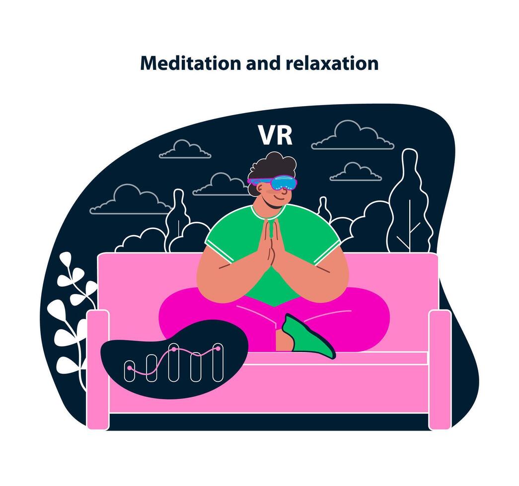 Meditation and relaxation in VR. Tranquil virtual environments for mindfulness and stress relief. Embrace peace with guided VR meditation. Wellness through immersive relaxation experiences. Flat vector