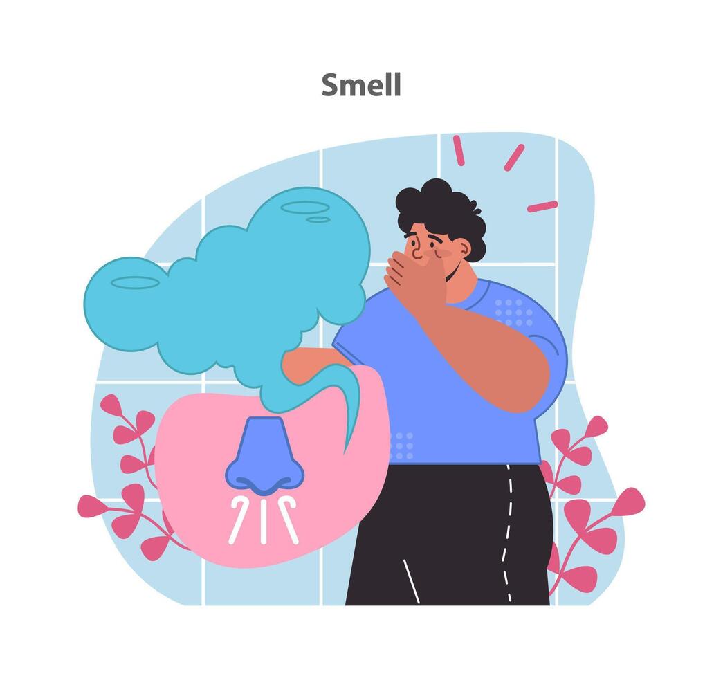 Smell illustration. Man enjoying the complex world of scents. vector