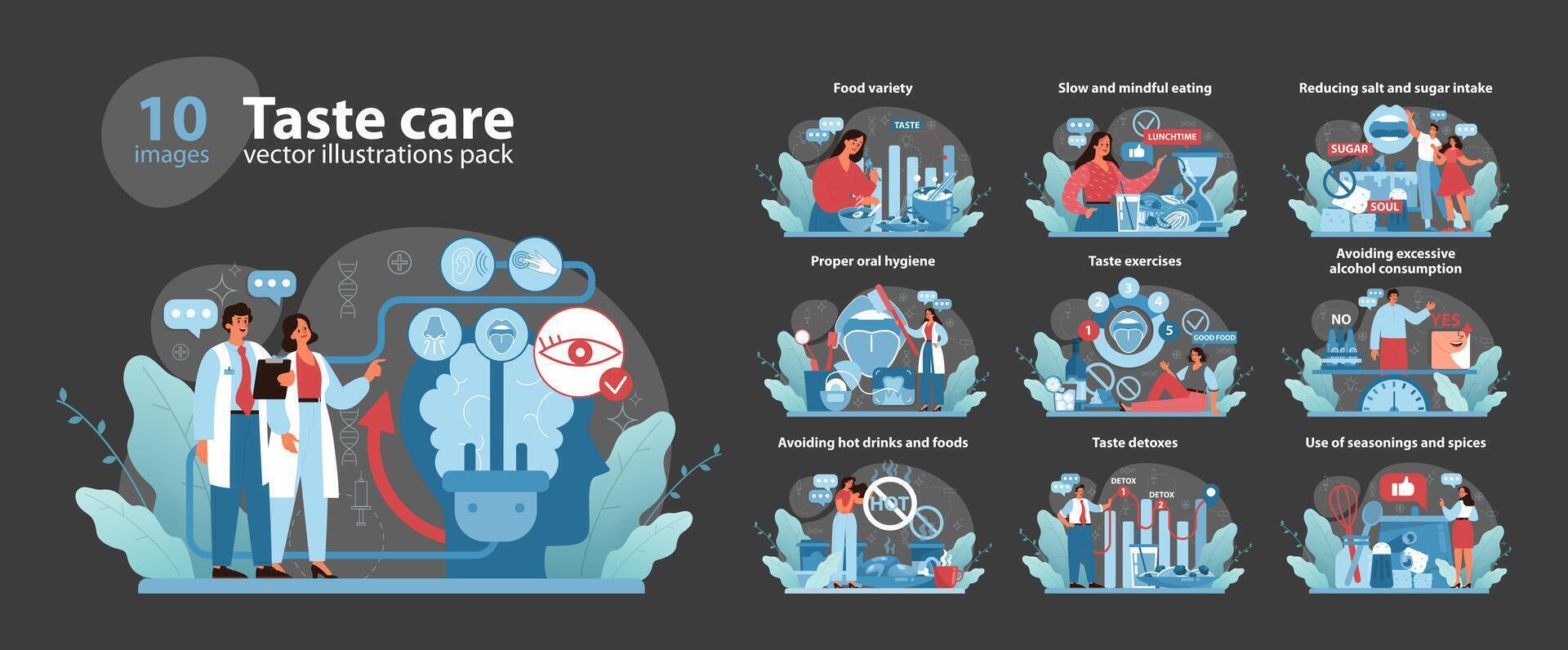Taste Care Concept set. A comprehensive guide to maintaining taste health, featuring dietary variety. vector