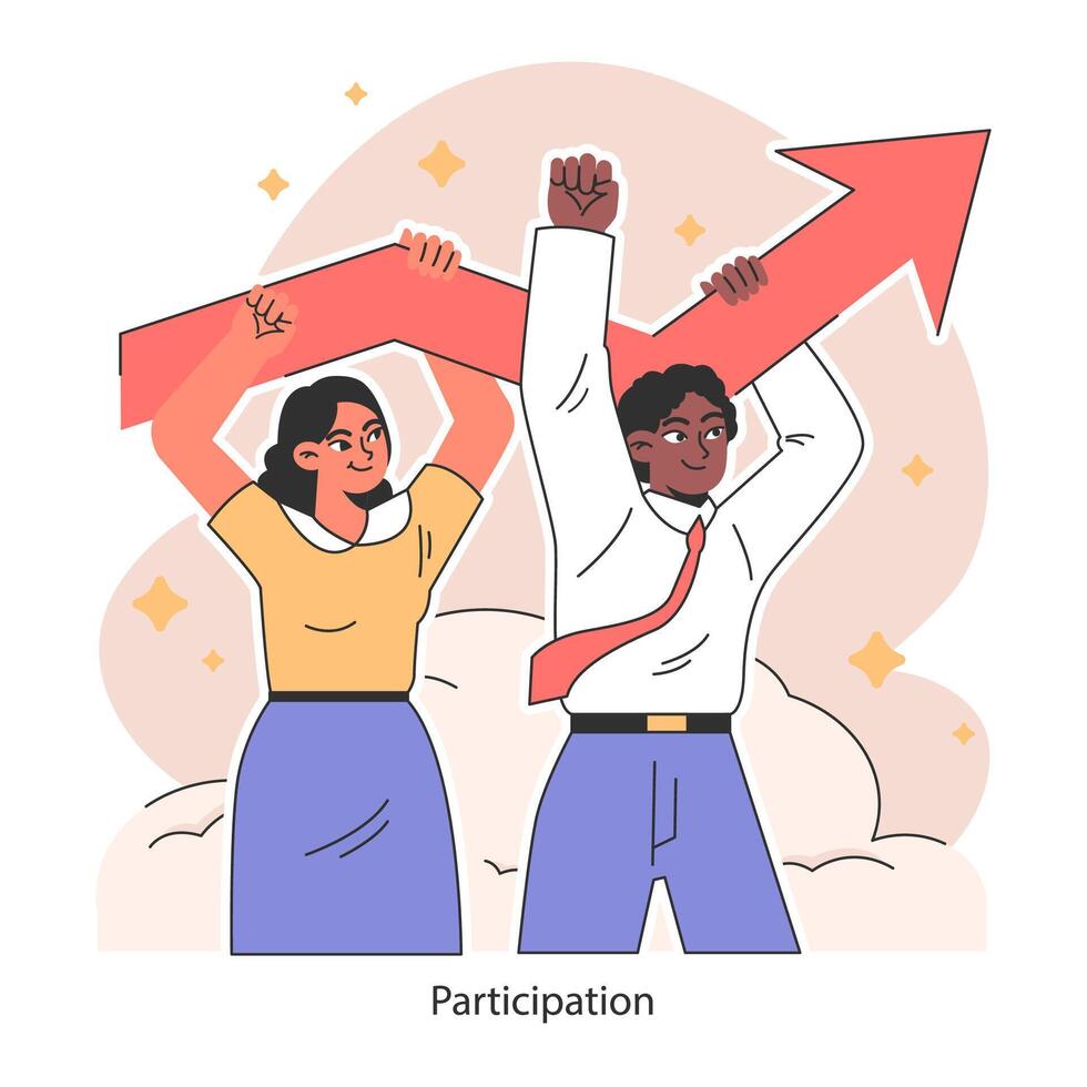 Participation. Employees team uplifts a rising arrow, showcasing joint vector