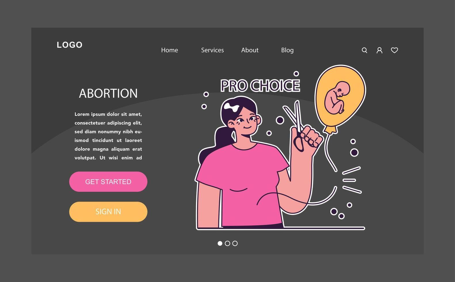 Abortion dark or night mode web, landing. Pregnancy termination. Reproductive vector