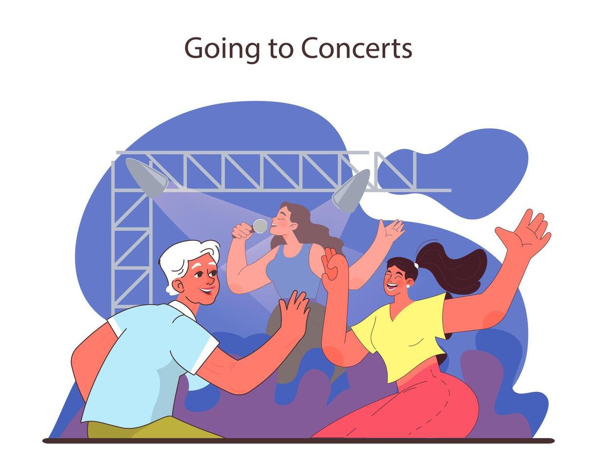 Going to Concerts concept. Energetic friends dancing and singing along at a live music event. vector