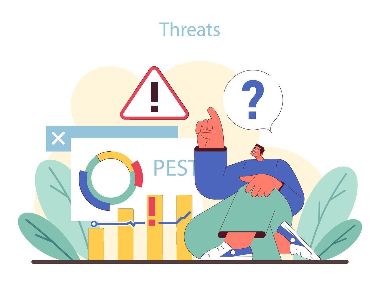 PEST analysis threats. Analyst contemplating business risks with warning sign. vector