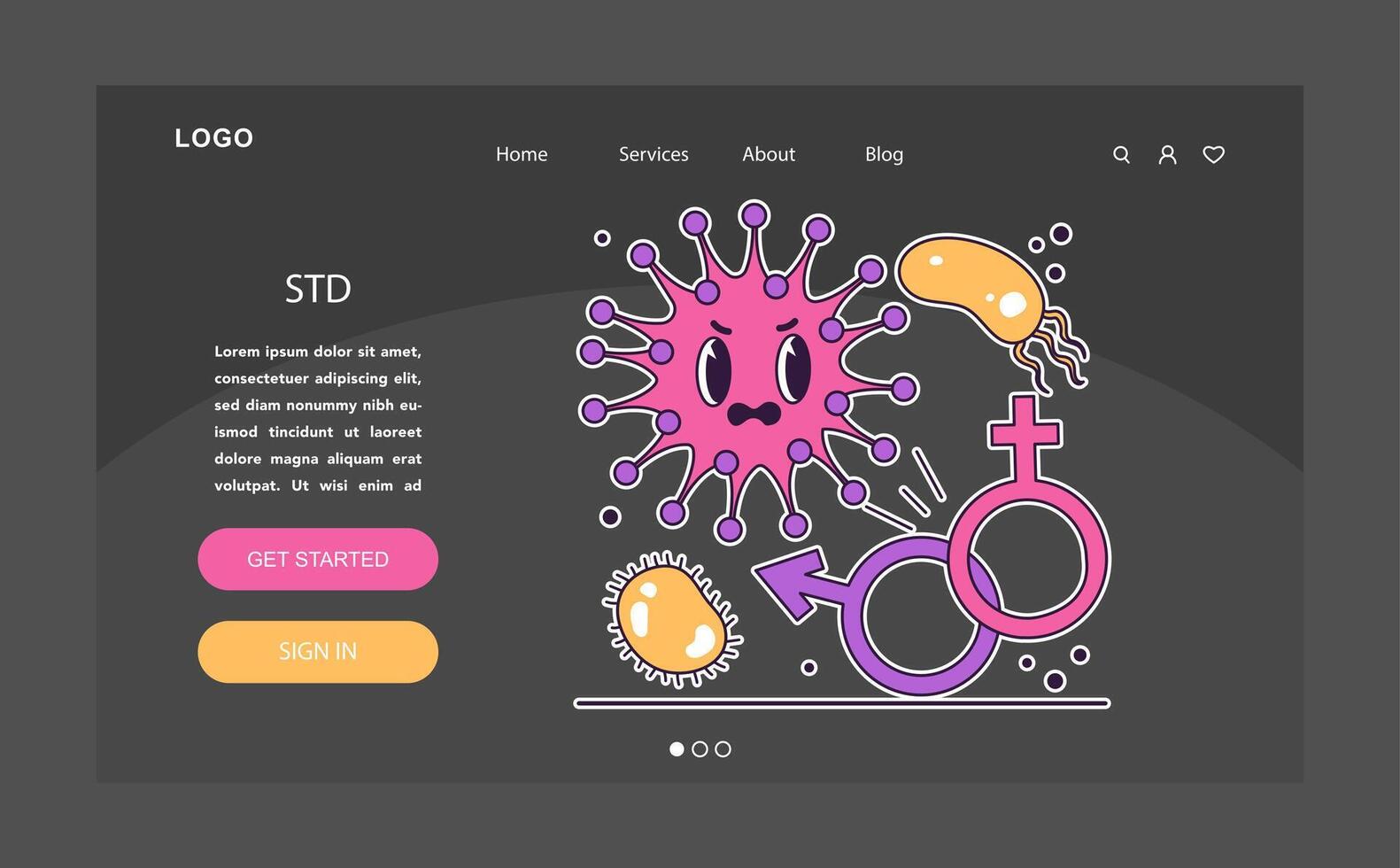 Reproductive health dark or night mode web, landing. STD, sexual vector