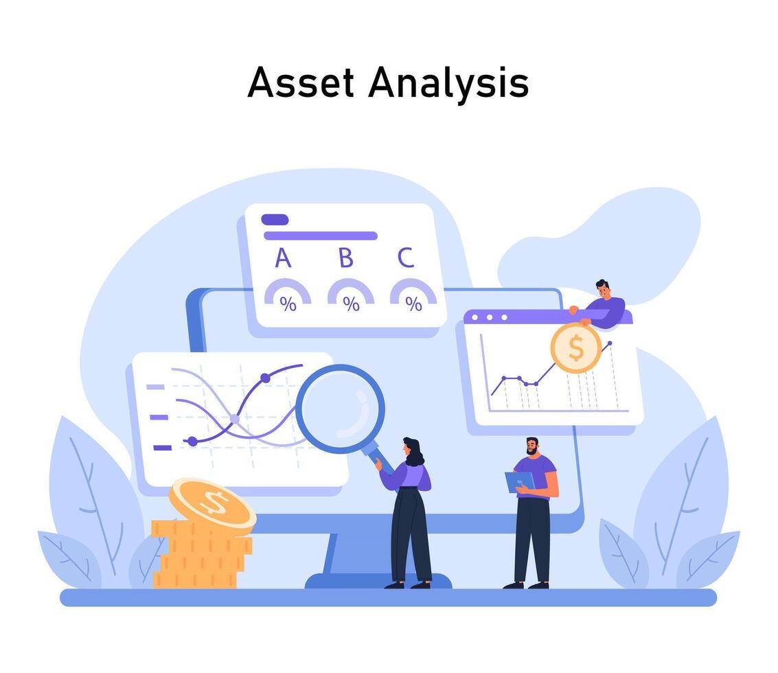 Asset Analysis concept. Detailed examination of financial instruments to optimize investment decisions vector