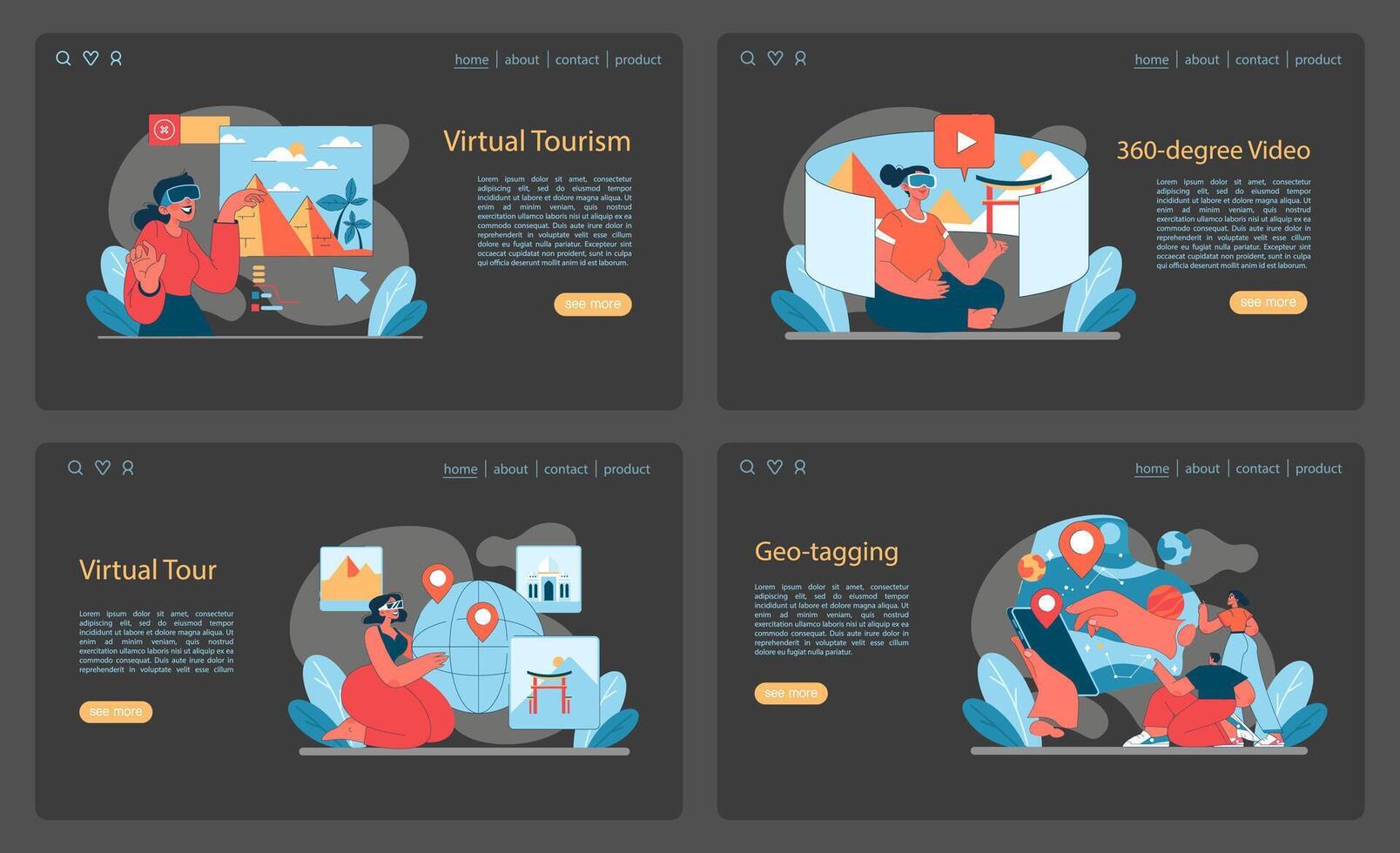 Virtual Tourism set. Innovative virtual travel experiences through detailed tours vector