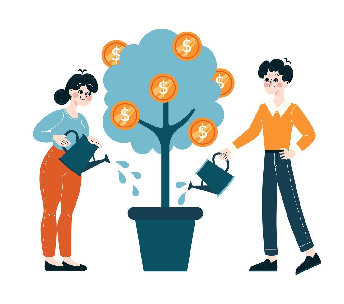 Entrepreneurs nurturing a money tree, symbolizing financial care and strategy vector
