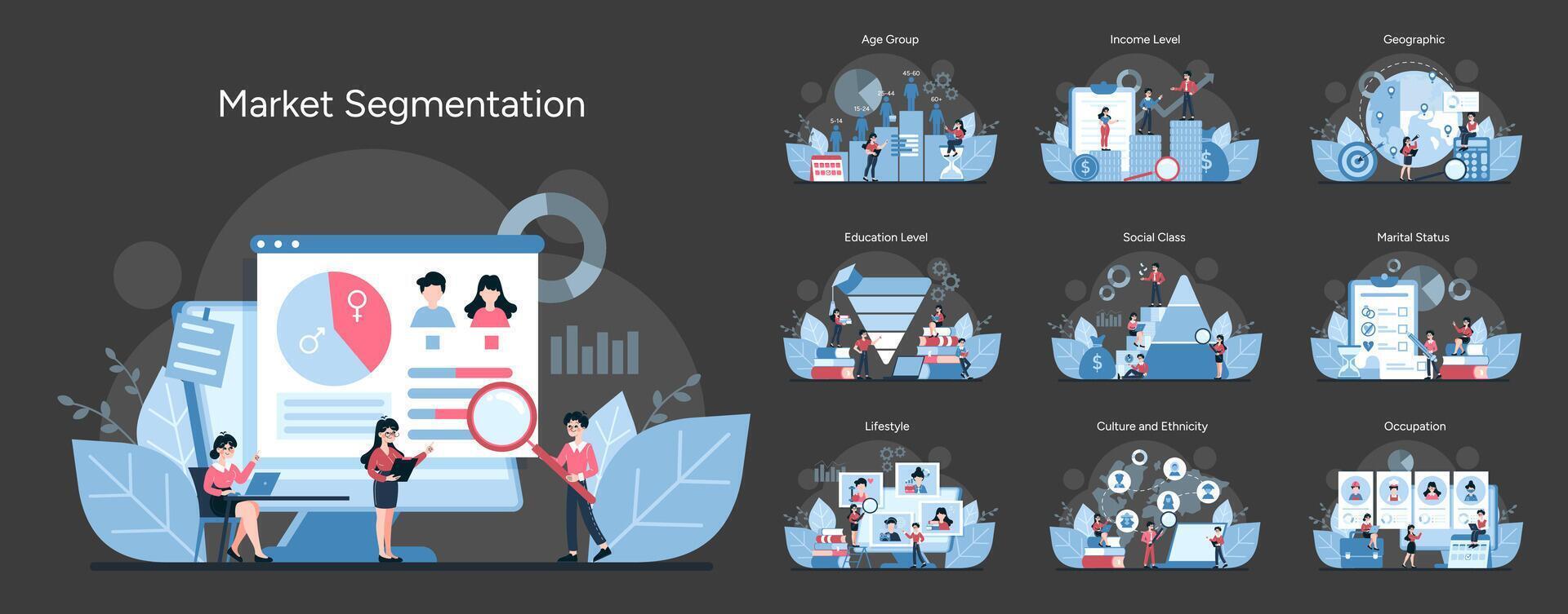 Detailed visual guide to categorizing audiences by demographics and behavior vector