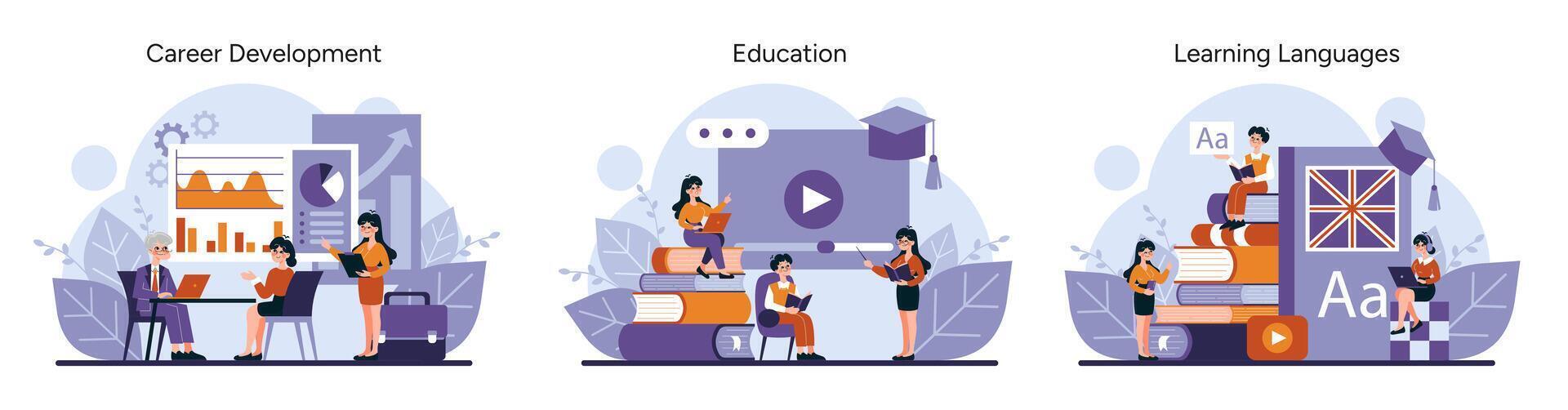 Stages of career development, academic learning, and language acquisition vector